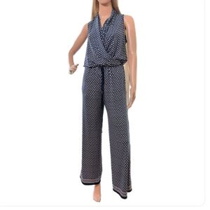 Max Studio Blue and White Wrap V-Neck Jumpsuit